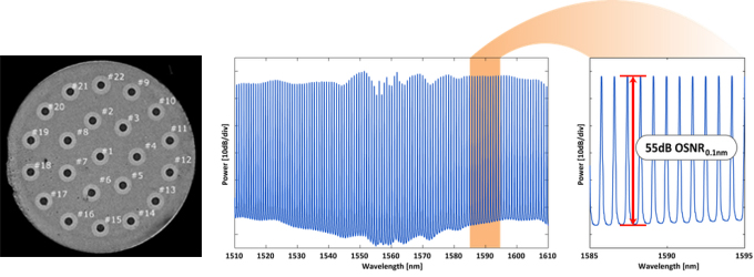22コアシングルモードファイバ断面写真（左）、高精度光コム光源が一括生成した光スペクトル（右）