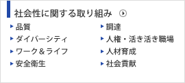 社会性に関する取り組み　・品質　・調達　・ダイバーシティ　・人権・活き活き職場　・ワーク＆ライフ　・人材育成　・安全衛生　・社会貢献