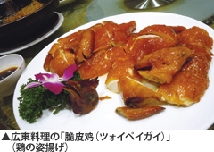 広東料理の「脆皮鸡（ツォイペイガイ）」（鶏の姿揚げ）