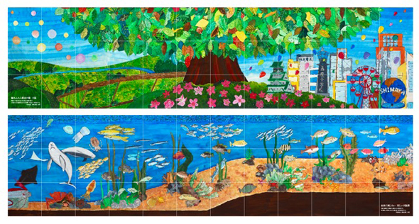 上段の作品は「緑あふれる都会のまち大阪」下段の作品は「未来に残したい美しい大阪湾」です